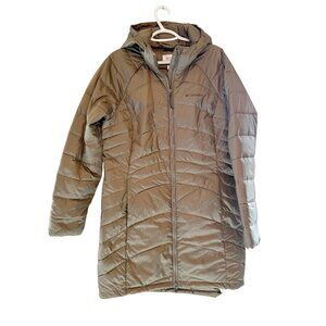 Columbia Womens Karis Gale II Long Hooded Olive Green Quilted Puffer Jacket L